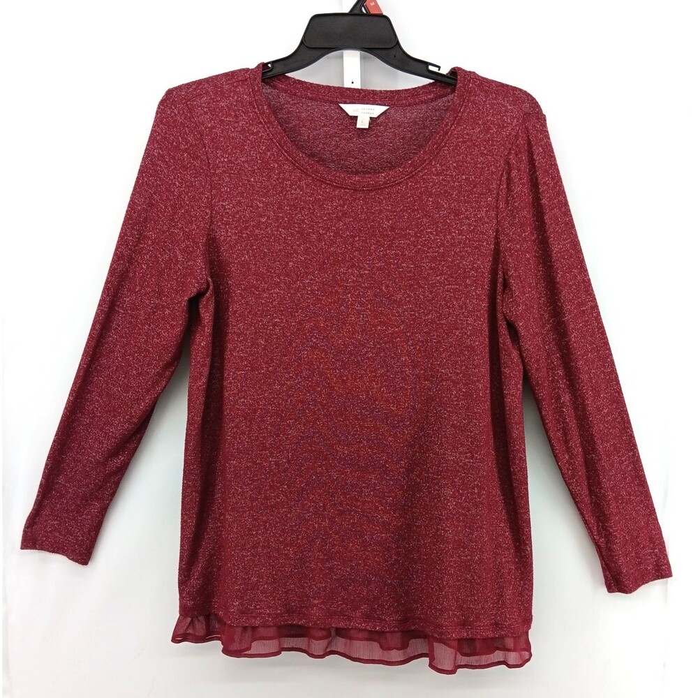 Lauren Conrad Blouse Women Large Red Long Sleeve Round Neck Sheer Hem Casual Top